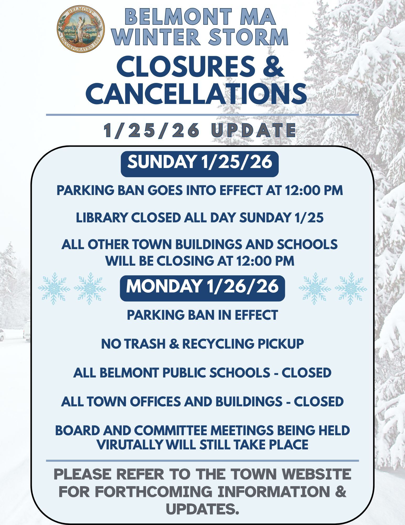Jan 2026 Belmont MA Closures and Cancellations Flyer (final)