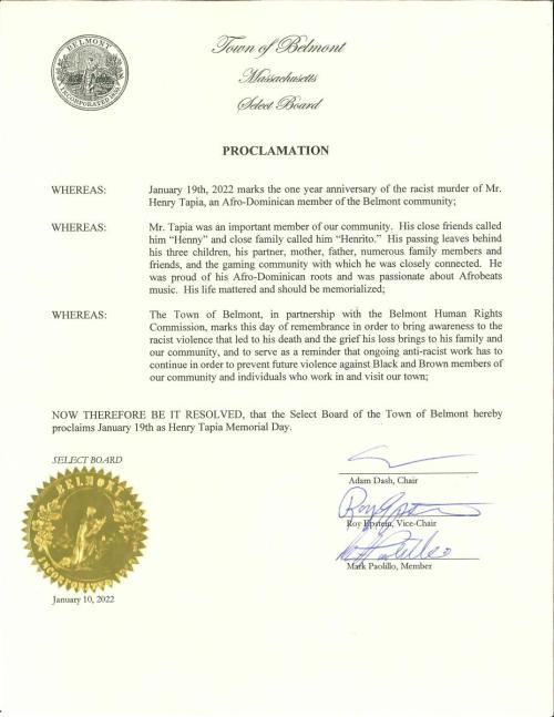 A proclamation letter honoring Henry Tapia, on official Town letterhead with a gold foil seal